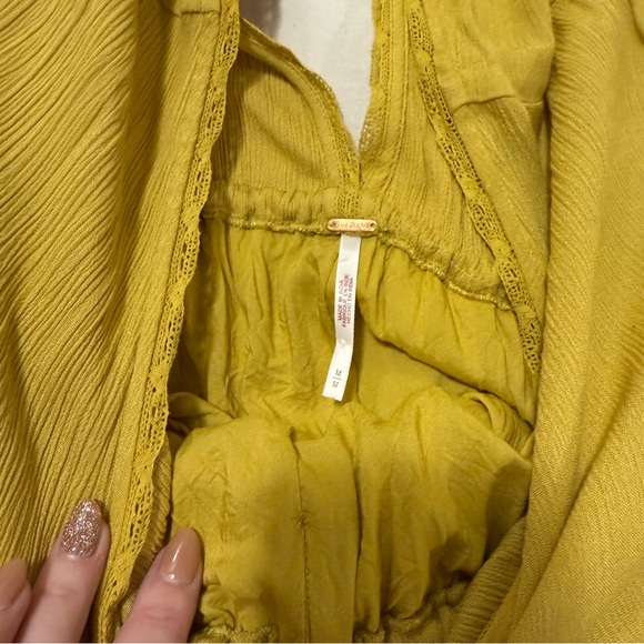 Free People Angela Yellow Boho Jumpsuit with Bell and Lace Detail Size Medium - Picture 13 of 13